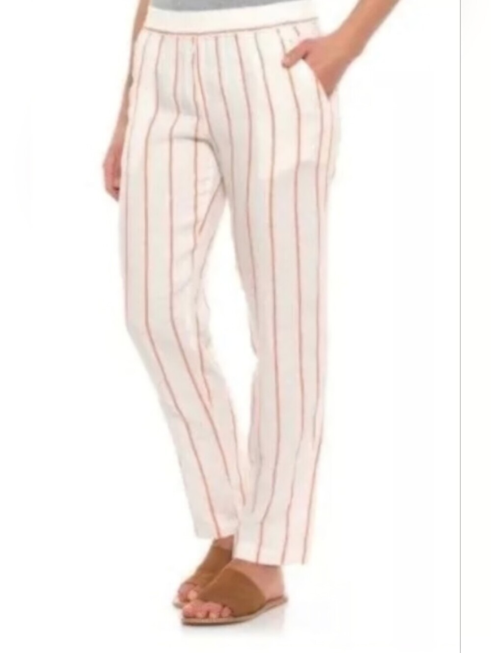 C&C California 100% Linen Cream & Red Pull On Pants. Size L NWT